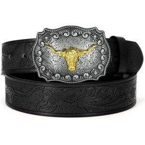 Women Men Western Belts Cowboy Cowgirl Country Belt Longhorn Bull Buckle Floral